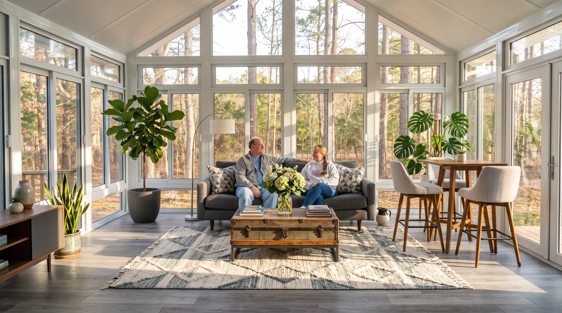 Couple relaxing inside a bright vaulted-ceiling sunroom with floor-to-ceiling views of the woods
